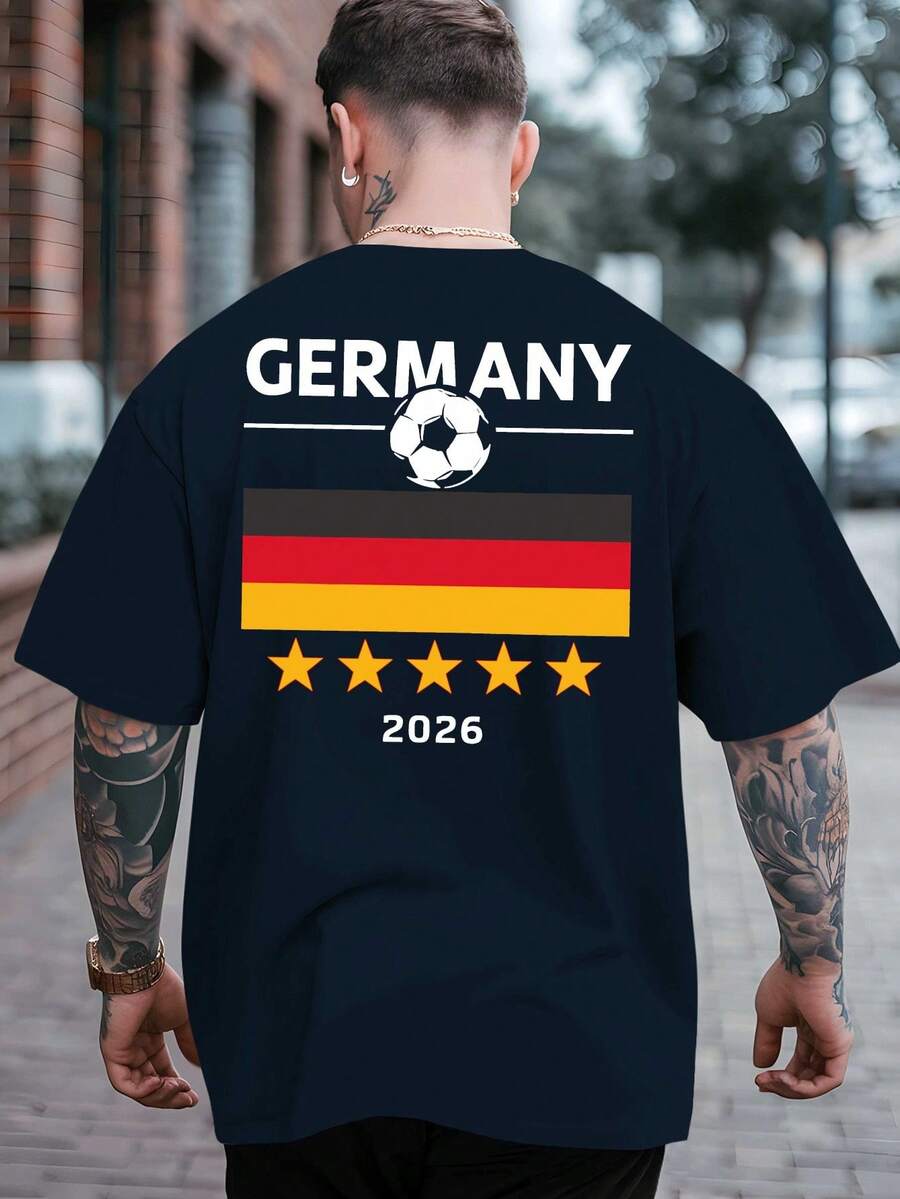 Men's German 2026 Printed T-Shirt - Loose Fit, Short Sleeve With Football And Flag Design, Breathable Crew Neck, Casual Summer Sportswear, Football Fan Clothing, Flag Print Clothing, Comfortable Fit, Plus Sizes - 寶藍色 - 查看 1