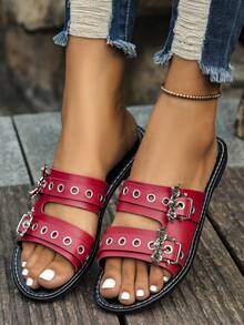 New Summer Plus Size Gothic Bat & Spider Design Rivet Sandals, Punk Millennium Style Casual Flat Slippers For Party Outdoor Wear - Red - View 3