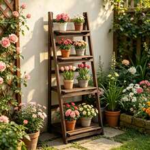 UNHO Folding Wooden Ladder Storage Rack Shelf Unit Corner Book Shelves Plant Ladder Racks 4 Tier Plant Stand Flower Display Stand - Brown - View 3