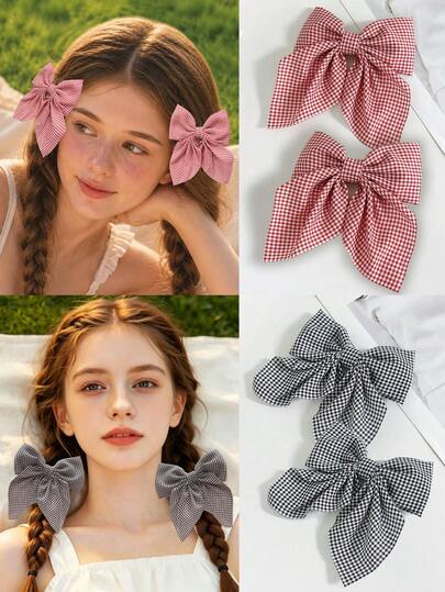 2pcs Campus Style Girls' Dual-Tone Plaid Bow Hair Clips, Sweet For Summer Outings, Parties, Lawn Dates, Photo Shoots, Vacations, Music Festivals, Campus Events, Versatile Photogenic Coquette Accessories, Fresh Summer Fashion