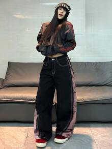 1pc American Street Style Colorblock Patchwork Women's Wide Leg Jeans, Loose All-Season Long Pants, Casual Pink - Pink - View 8