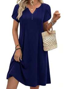 ,Flower Dress Women,2026 Women's Summer Casual Floral V-Neck A-Line T-Shirt Mini Dress Short Sleeve With Pockets Beach Sundress,Casual Summer Dress, S - 藏蓝色 - 查看 2