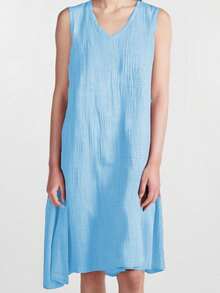 Women's Cotton Linen Tank Dress Solid Color Sleeveless V-Neck Loose A-Line Long Dress - 淺藍色 - 查看 2