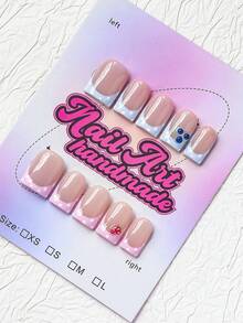 10pcs Y2K Nails Square Press On Nails Set - Handcrafted, Pink And Blue French Tip Nails, Handmade Rhinestone Flowers And 3D Rhinestone Flowers Design, Hand Drawn Gradient And Pink Gradient Design, Sparkling Purple Rhinestone And Blue Rhinestone Decoration - Multicolor - View 3