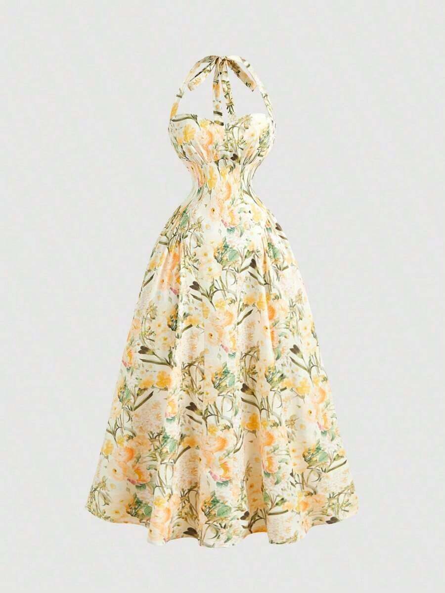 MOD Vestido a media pierna con estampado floral romántico y cuello halter, ideal para el Día de San Valentín, primavera, almuerzos, fiestas de té, vacaciones en la playa, vestidos florales y estilo vintage para mujer - Multicolor - Ver 1