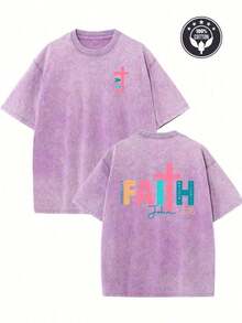 Vintage Graphic T-Shirts With Creative Pattern, "Faith" Washed T-Shirt With Double-Sided Print, 230g Heavyweight Pure Cotton, Washed T-Shirt, Drop Shoulder T-Shirt, Men's Urban Vintage T-Shirt, Basic T-Shirt, Unisex Loose Hip-Hop Style Top, 100% Cotton Washed Vintage T-Shirt, Women's Summer Clothing, Graphic T-Shirts - 黑色 - 查看 10