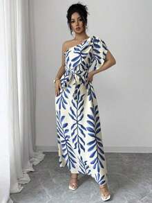 MEXElenzga Vestido ajustado con mangas abullonadas, cintura con lazo y estampado floral elegante para mujer, azul y blanco, primavera/veranoMEX V8GC - Azul - Ver 6