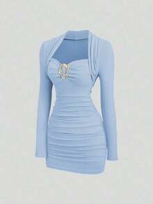 MEXSweetra Nuevo vestido de cóctel elegante para fiesta, color burdeos con decoración metálica, silueta ajustada, adecuado para Navidad y ocasiones formalesMEX DNHH - Celeste - Ver 12