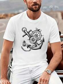 Camiseta con estampado de ancla y timón náutico, algodón suave, corte cómodo, transpirable, estilo urbano hip-hop, diseño gráfico. - Blanco - Ver 2