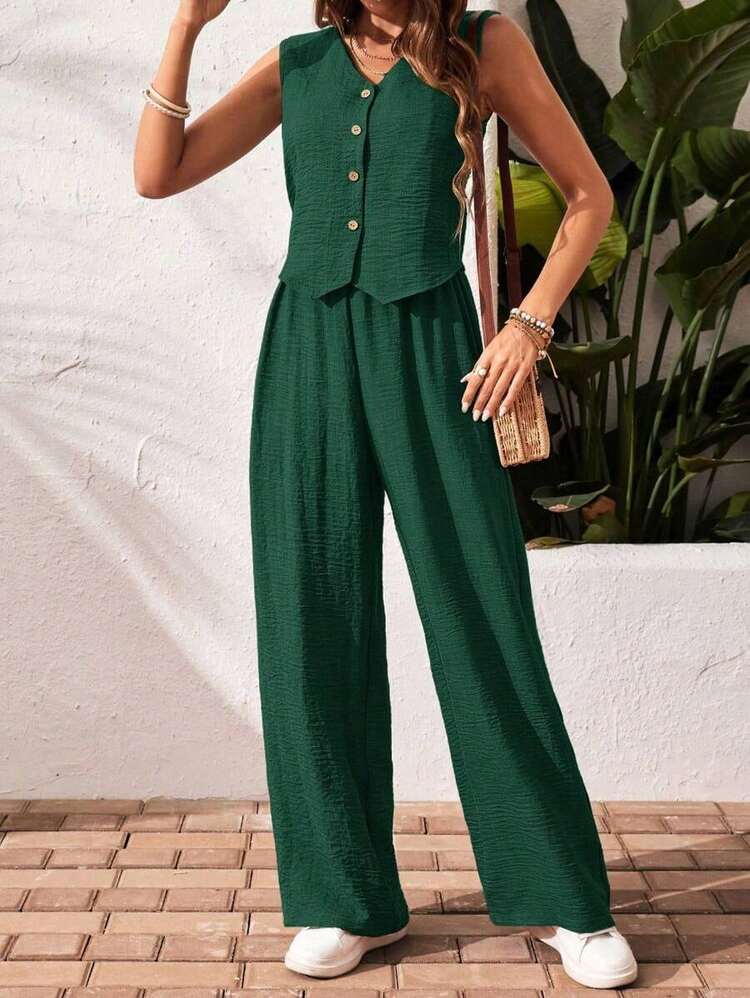 Frenchy Conjunto de 2 piezas de chaleco sin mangas con botones y pantalones de pierna ancha de unicolor, para estilo casual, de oficina y de vacaciones, para primavera/verano/otoño - Verde Oscuro - Añade 6