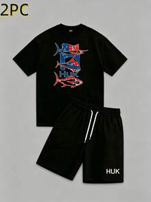 American Flag Fish Print T Shirt And Shorts Set For Men Casual Outdoor Fishing Gear Comfortable Breathable Summer Outfit Huk Brand Sportswear For Fishing Enthusiasts And Adventure Lovers - 黑色 - 查看 2