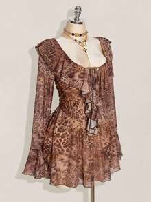 ICON Vestido mini con cuello en V de malla roja con volantes para mujer de talla grande, estilo de San Valentín, moda Y2K, adecuado para otoño, citas y uso sexy.Elegante vestido de otoño para mujer. - Multicolor 2 - Ver 5