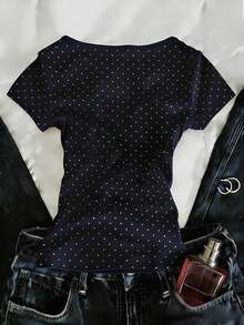 Camiseta de mujer de manga corta 2 en 1 con ribete de encaje de color contrastante - Multicolor 4 - Ver 3