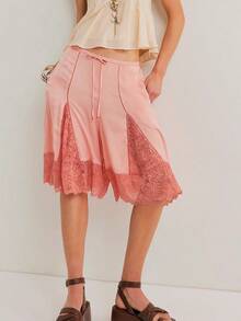Women's Knee Length Shorts Casual Stylish Lace Patchwork Drawstring Mid Rise Shorts for Summer - Rosa - Ver 2