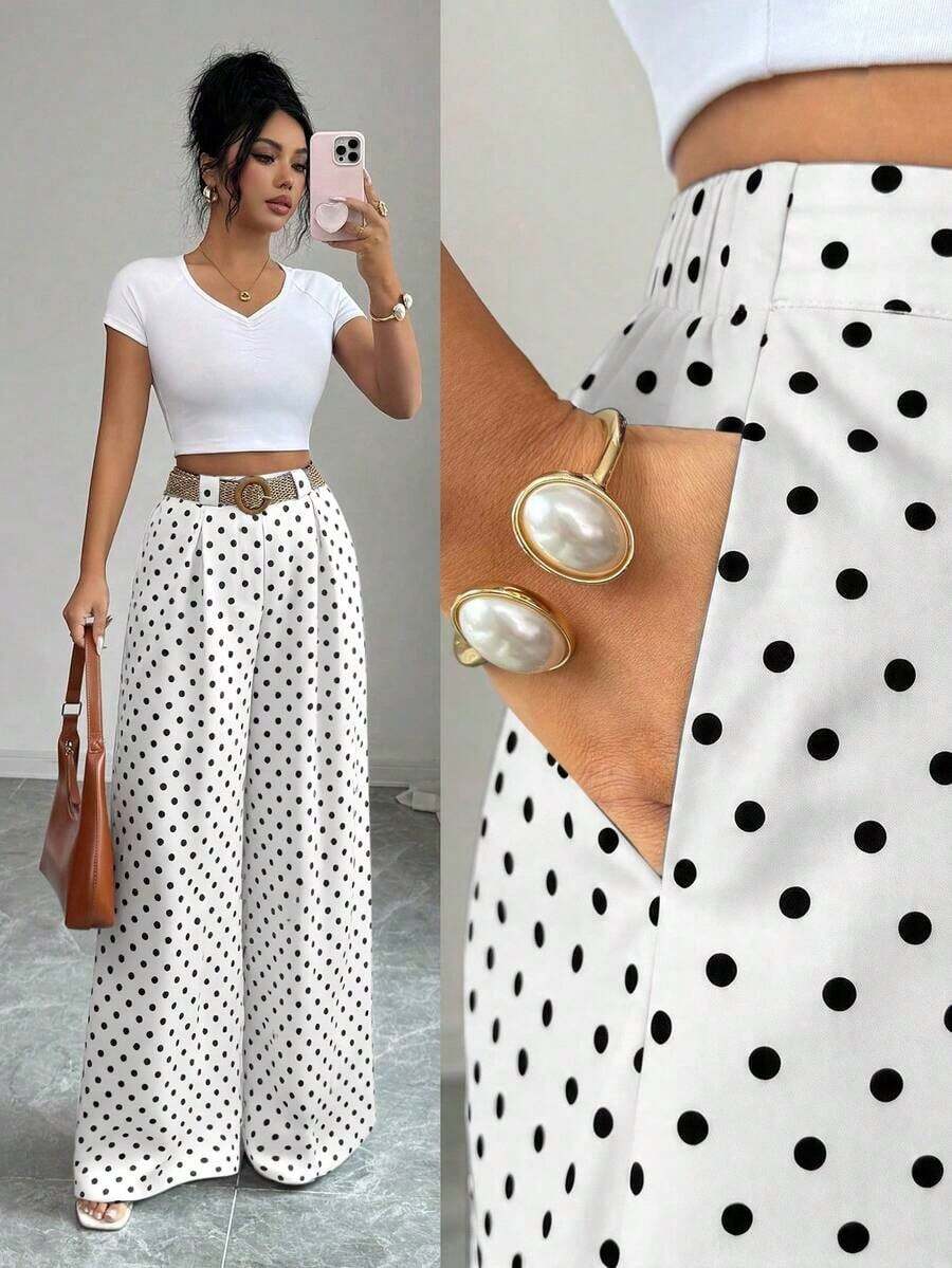 Nuevos pantalones culotte de talle alto con estampado de lunares para primavera/verano, estilo elegante adecuado para uso diario y laboral, temporada de graduación, festival de música vintage, carrera de Derby, Día de la Independencia - Blanco y Negro 2 - Ver 1