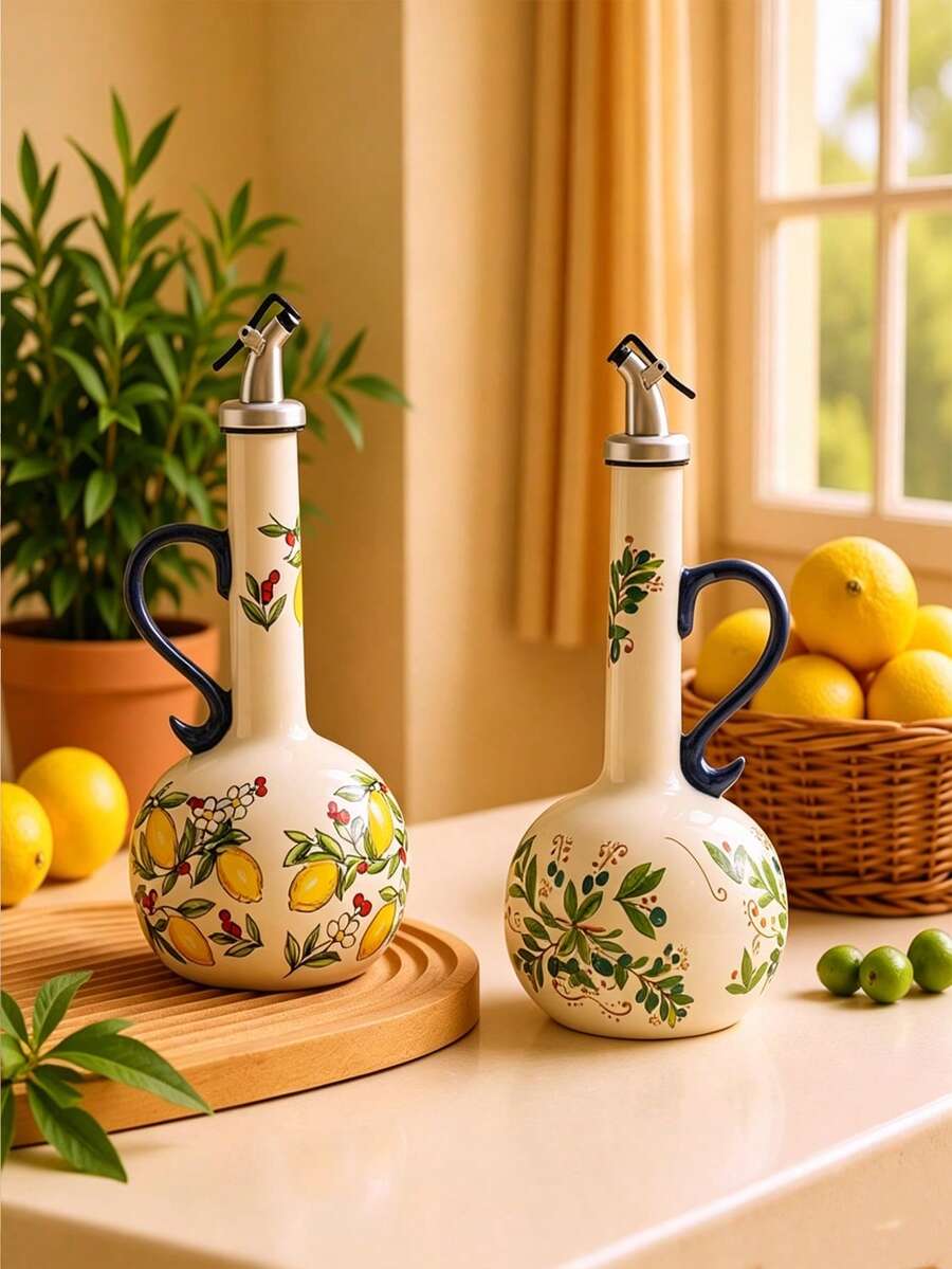 1 Set Hand-Painted Lemon & Blueberry Olive Oil Bottle & Condiment Jar Set; Elegant Yellow Lemon Floral Design Ceramic Soy Sauce, Vinegar And Oil Condiment Bottles; Decorative Kitchen Seasoning Bottles; Ideal For Home Kitchen As Soy Sauce, Vinegar And Spice Bottles; Leak-Proof Soy Sauce Bottle; Great As A Gift - View 1