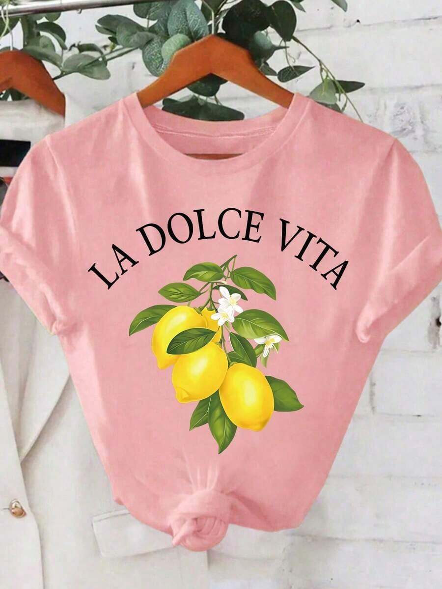 Camiseta de manga corta cuello redondo estampado de letras y frutas, estilo casual para mujer, verano - Rosa - Ver 1