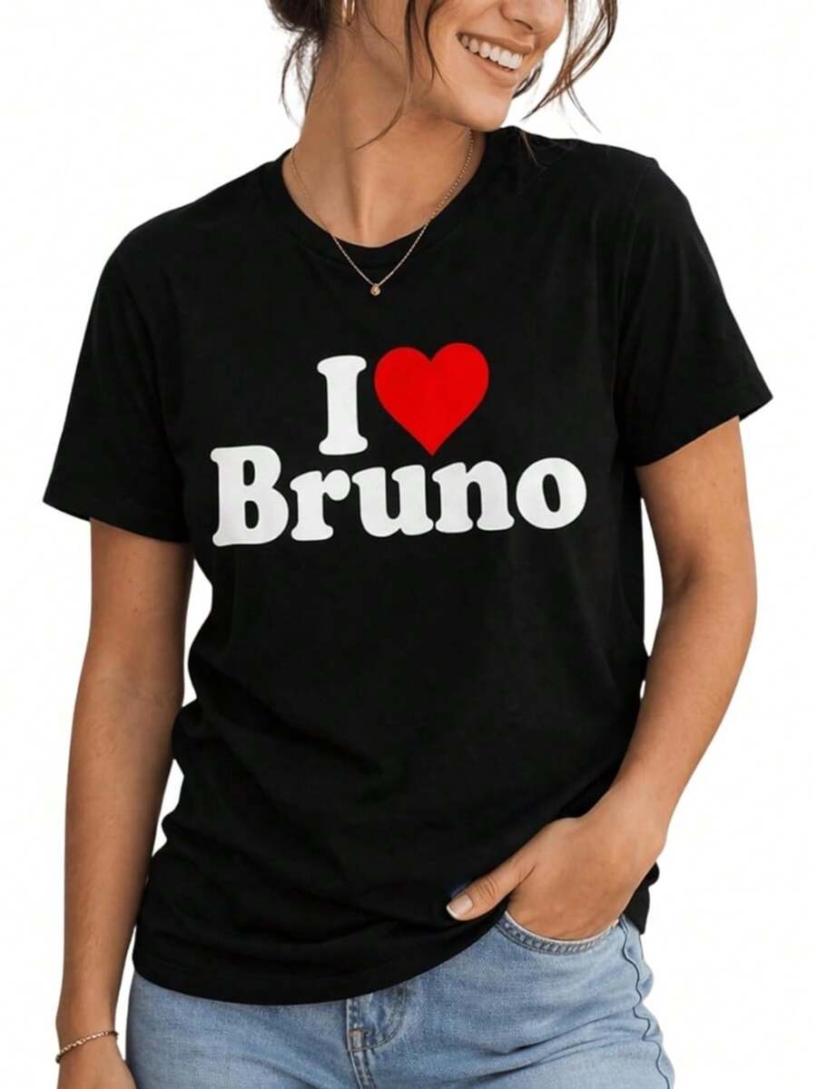 Camiseta Hecha a Mano "I Love Bruno", Camiseta de la Gira Romántica 2026, Mercancía del Concierto de Bruno, Camiseta Combinada para Mejores Amigos, Regalo para Amantes de los Conciertos, Multicolor, Unisex - Negro - Ver 1