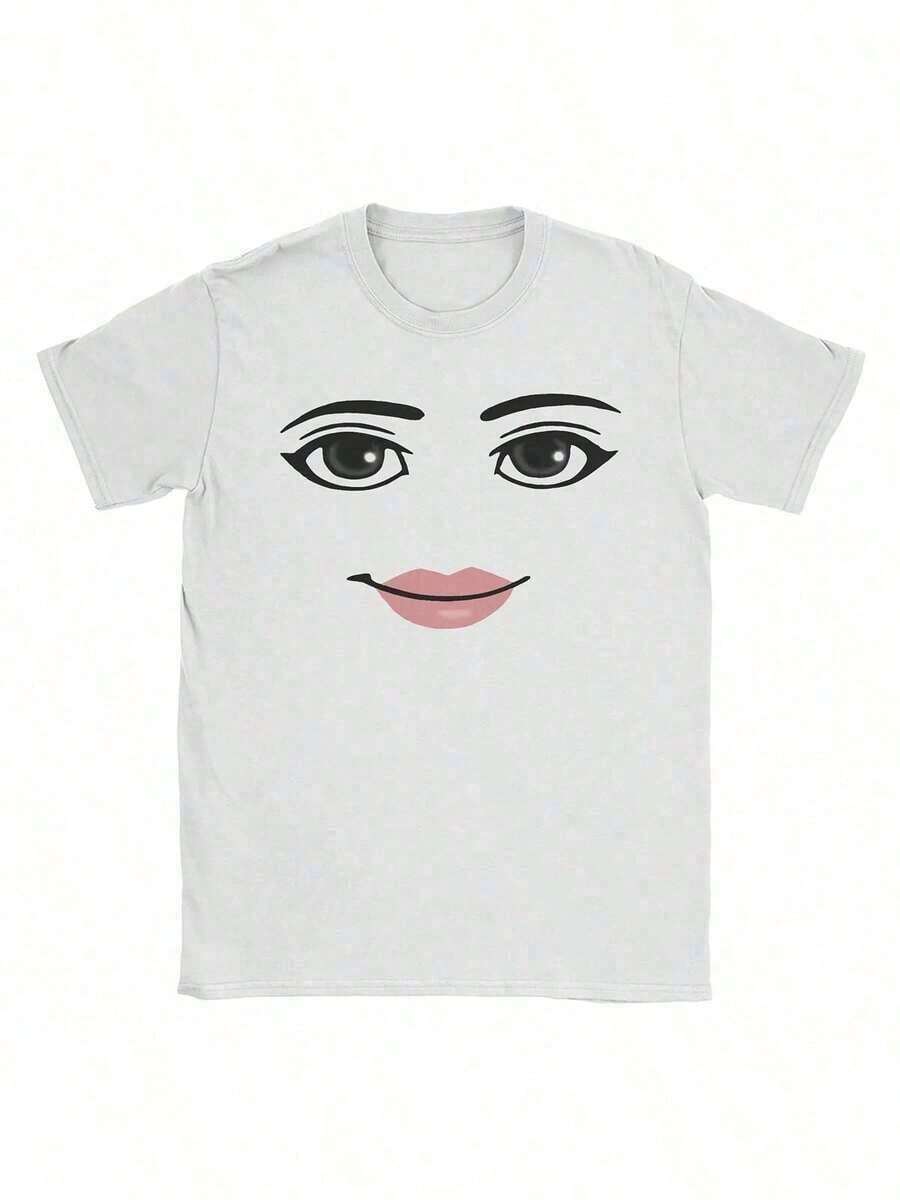 [Free 3-Day Delivery]Unisex Short Sleeve Round Neck Cotton T-Shirt Retro Style With Robot Print And Facial Expression - 白色 - 查看 1