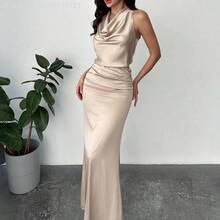 MewMuse.  Conjunto de 2 piezas con blusa con cuello de corbata de satén y pliegues, con espalda atada, y falda larga fruncida, adecuado para el Día de San Valentín, concierto, actuación, cita, fiesta, baile de graduación, boda, sexy, elegante, viaje al trabajo, vuelta al colegio, vacaciones, playa, romántico - Amarillo - Ver 2