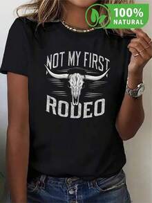 Unisex Black T-Shirt With "Not My First Rodeo" Bull Skull Print - Cowboy Chic Style,  Casual Clothing For Men And Women - Perfect For Urban Outfits And Relaxed Looks - 黑色 - 查看 1