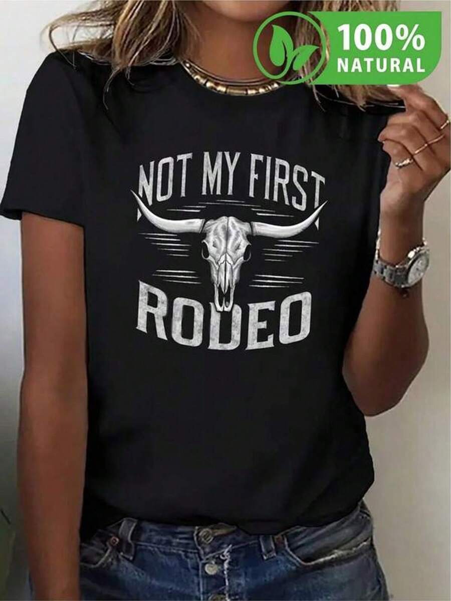 Unisex Black T-Shirt With "Not My First Rodeo" Bull Skull Print - Cowboy Chic Style, Casual Clothing For Men And Women - Perfect For Urban Outfits And Relaxed Looks - 黑色 - 查看 1