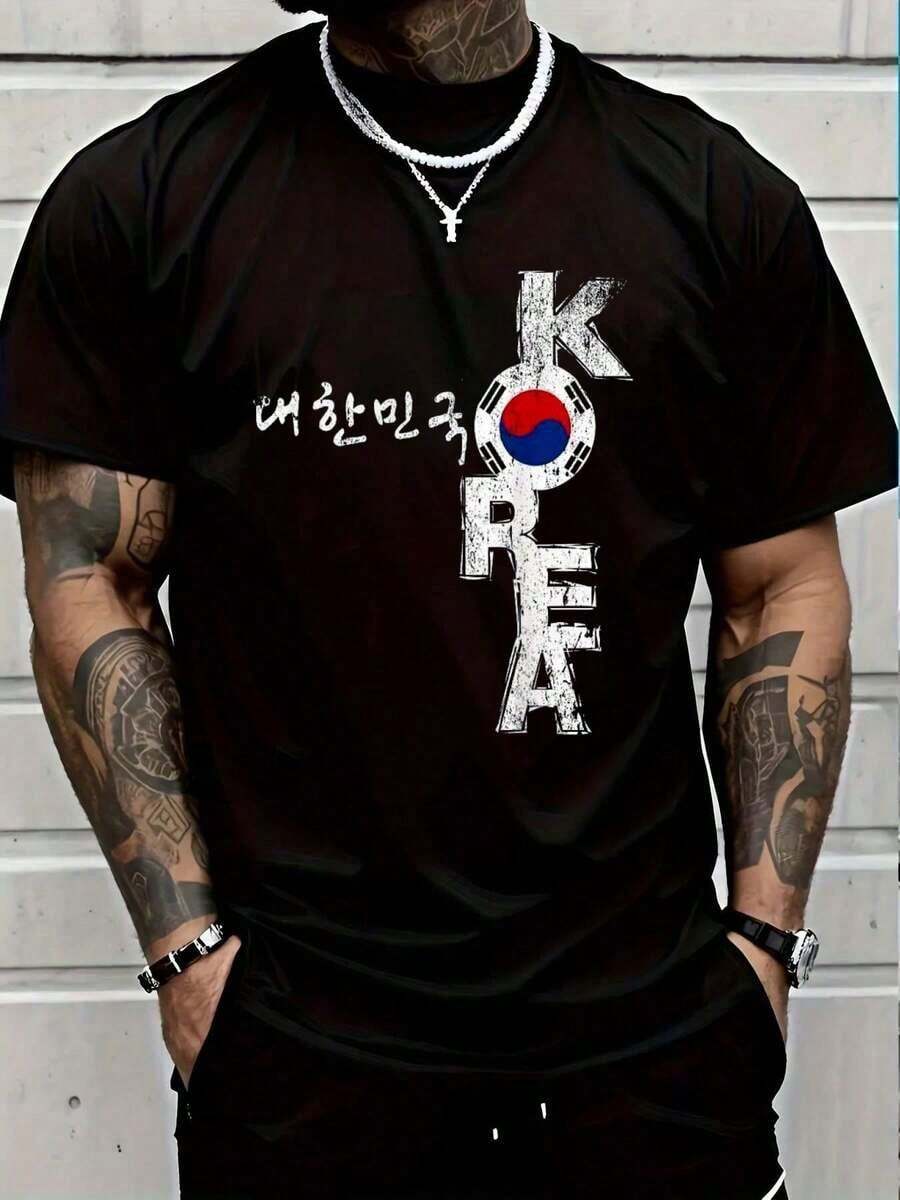 Korean Cotton T-Shirt, Korean T-Shirt, Korean Souvenir T-Shirt, Fashion Graphic T-Shirt For Men And Women, Casual Tops HOHA - 黑色 - 查看 1