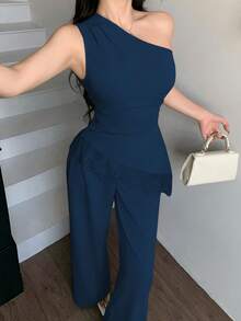 abyoxi Bộ đồ nữ màu xanh hải quân, áo không tay lệch vai, eo xếp ly, vạt áo bất đối xứng phối ren và quần ống rộng, gợi cảm và thanh lịch, thích hợp đi làm, đi chơi hàng ngày, dự tiệc trang trọng, hẹn hò, dự tiệc, ngày Valentine, áo ôm sát và quần dài cho mùa hè. - Màu xanh hải quân - Xem 6