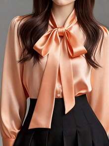 Camisa casual de manga larga de satén blanco elegante para mujer, blusa versátil y elegante con detalle de cuello con lazo, unicolor adecuado para todas las estaciones, lavable a máquina y n - Naranja Coral - Ver 12