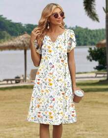 ,Flower Dress Women,2026 Women's Summer Casual Floral V-Neck A-Line T-Shirt Mini Dress Short Sleeve With Pockets Beach Sundress,Casual Summer Dress, Summer Casual Dress, Holiday Choice - A01-白色花卉 - 查看 4