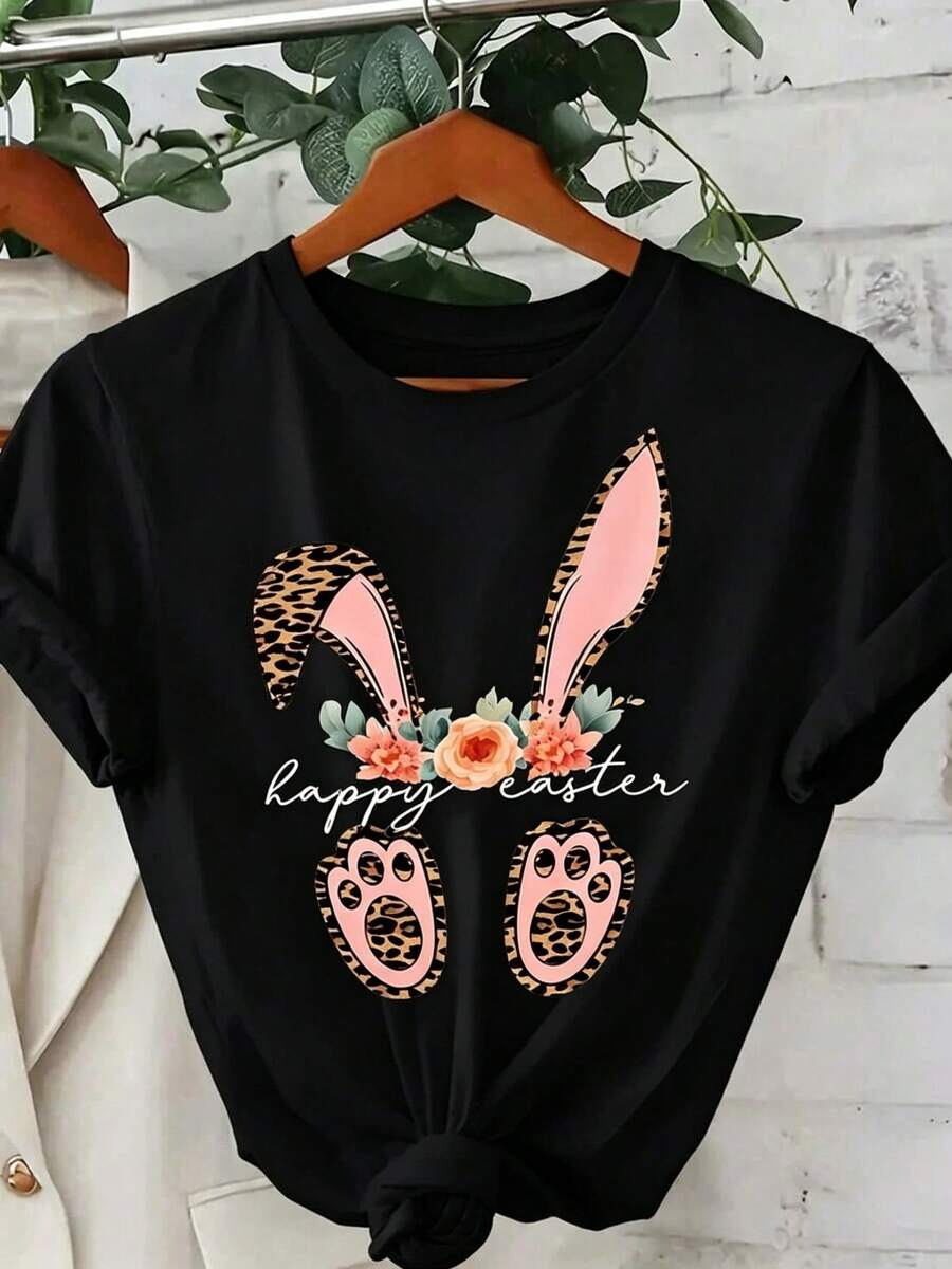 Camiseta con Estampado de Conejo y Leopardo para Mujer - Negro - Ver 1