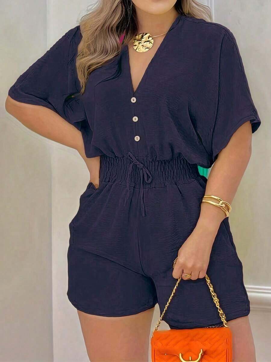 Mono de mujer casual de unicolor con cuello en V y botones, elegante para el verano - Azul marino - Ver 1