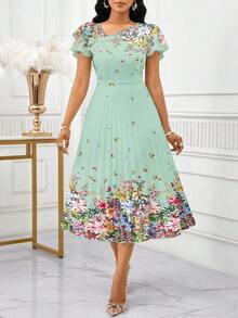 xheSHEIN Lady Vestido midi elegante con estampado floral, mangas asimétricas con volantes para mujerxhe - Verde - Ver 7