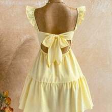 Soqi Women's Clothing Vestido mini de mujer para vacaciones, de color caqui marrón, con textura de ramitas y hojas, de tela, con mangas de tipo gorro, espalda abierta y cintura con lazo, apto para fiesta, cita, té de la tarde, estilo bohemio, festival de música, carnaval, playa. - Multicolor - Ver 1