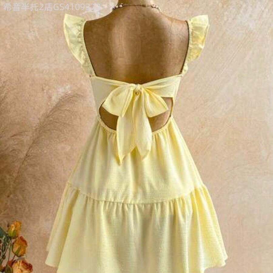 Soqi Women's Clothing Vestido mini de mujer para vacaciones, de color caqui marrón, con textura de ramitas y hojas, de tela, con mangas de tipo gorro, espalda abierta y cintura con lazo, apto para fiesta, cita, té de la tarde, estilo bohemio, festival de música, carnaval, playa. - Multicolor - Ver 1