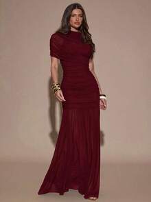 MEXSHEIN  Vestido ajustado con pliegues elegantes, adecuado para cóctel, cita romántica, capas de otoño/invierno, fiesta, reunión formal, Halloween, NavidadMEX SGBF - Burdeos - Ver 4