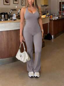 Combinaison d'été sexy à col en V, ample et à jambes larges pour femmes, pour le sport, la fitness, le yoga, la course, la gym - gris violet - Voir 7