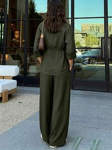 Women's Solid Color Long Sleeve Lapel Drawstring Design Casual Loose Top + Elastic Waist Wide Leg Pants, Women's Autumn Clothing, Back To School Season - Army Green - View 2
