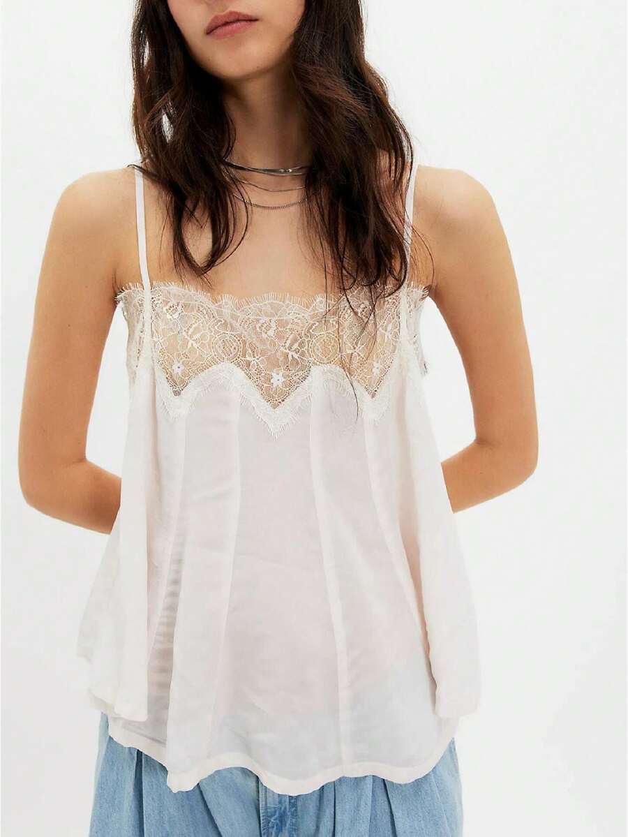Lace Cami Top Square Neck Spaghetti Strap Babydoll Tank Cute Summer Going Out Flowy Camisole - White - View 1