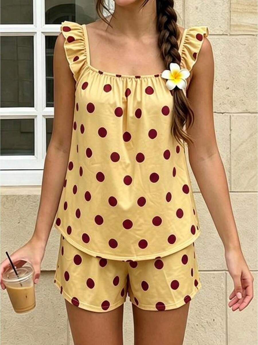 Womens 2 Piece Pajamas Set Cute Ruffle Sleeveless Dots Print Tops Shorts Set Lounge Clothes - Yellow - View 1