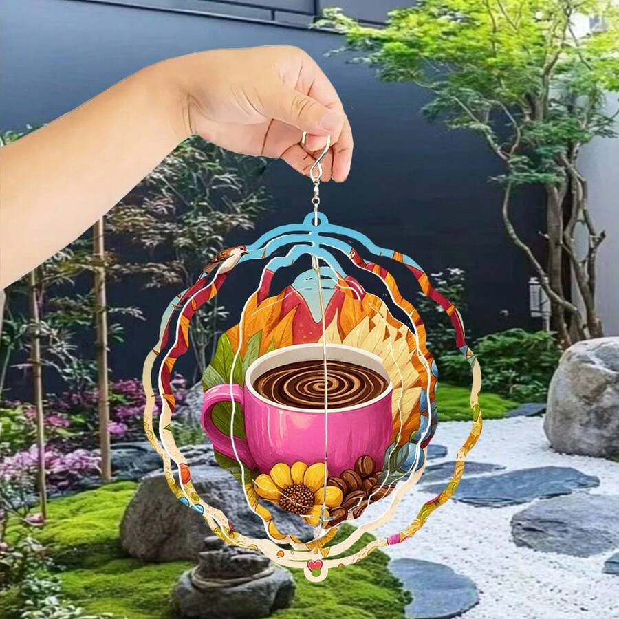 1 pieza Taza de café rosa 3D con carillón de viento con girasol, estilo soñador y acogedor, carillón de viento giratorio 3D de metal con gancho giratorio de 360°, crea un efecto artístico dinámico, ideal para decorar el patio, el balcón y el césped, su diseño único lo convierte en un regalo perfecto para amigos, familiares, maestros, repelente de pájaros para exteriores