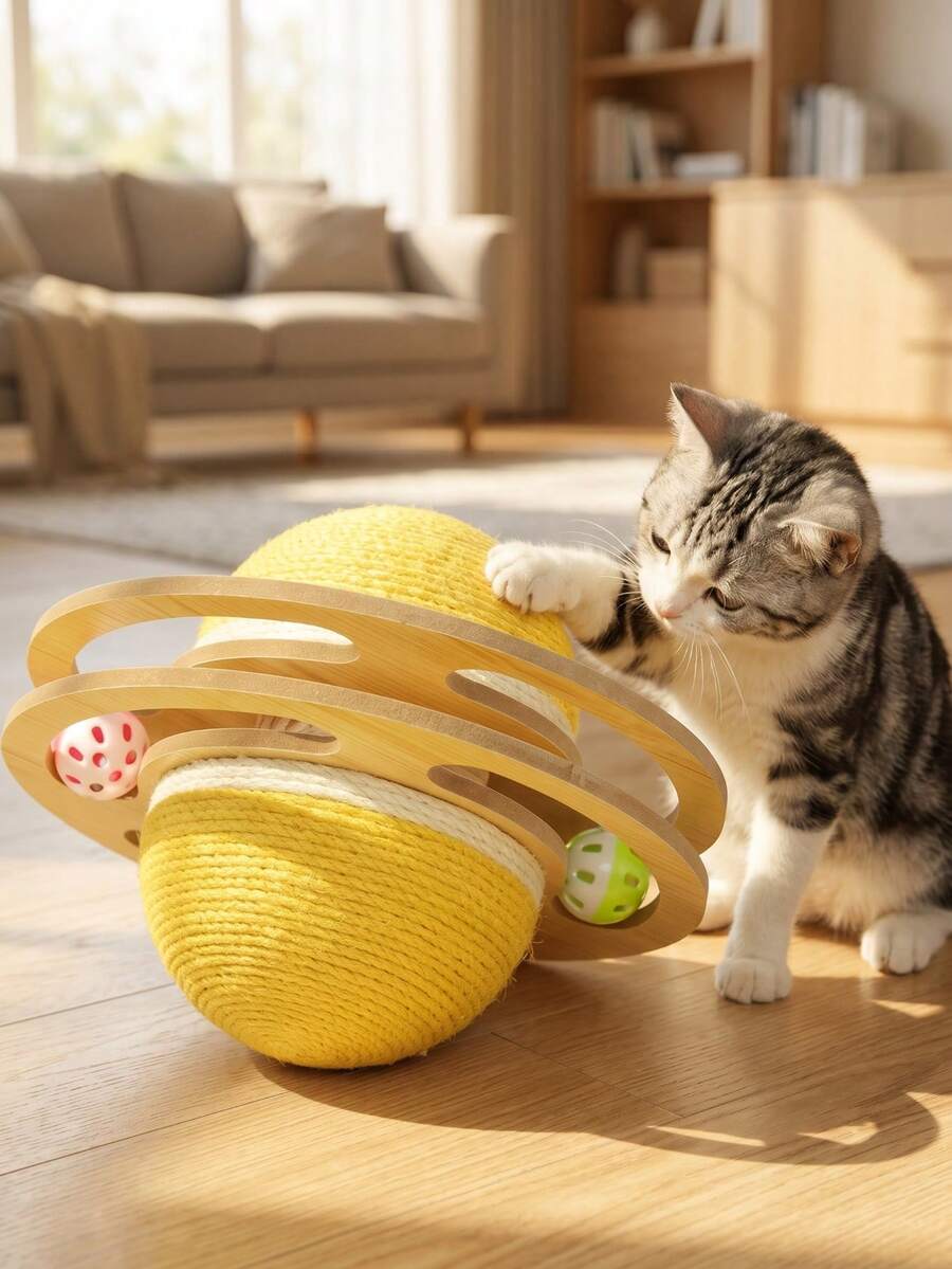 1个西撒哈拉球旋转猫抓板玩具,双面球形滚动星球互动猫玩具,带铃铛,吸引猫咪,耐用猫咪用品,无需电池 - 彩色 - 查看 1