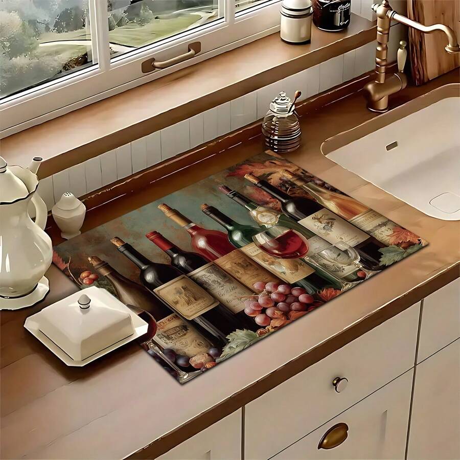 1pc Home Decor, Wine Pattern Printed Absorbent Dish Drying Mat, Espresso Machine Countertop Absorbent Mat, Sink Drain Mat, Soft Faucet Absorbent Mat, Sink Cup Mat, Kitchen & Bathroom Accessories - Multicolor - View 1