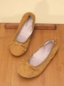 1 Pair Women's Fashion Comfortable Thick Insole Slip-On Flat Ballroom Dance Shoes, Outdoor Casual Foldable Portable Flat Bow Tie Ballet Shoes - Brown - View 4
