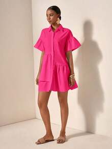 bfdbZivah Vestido de vacaciones de manga corta con volantes en el bajo y botones delanteros de unicolor, para veranosfb x WBBE - Rosa Fucsia - Ver 5