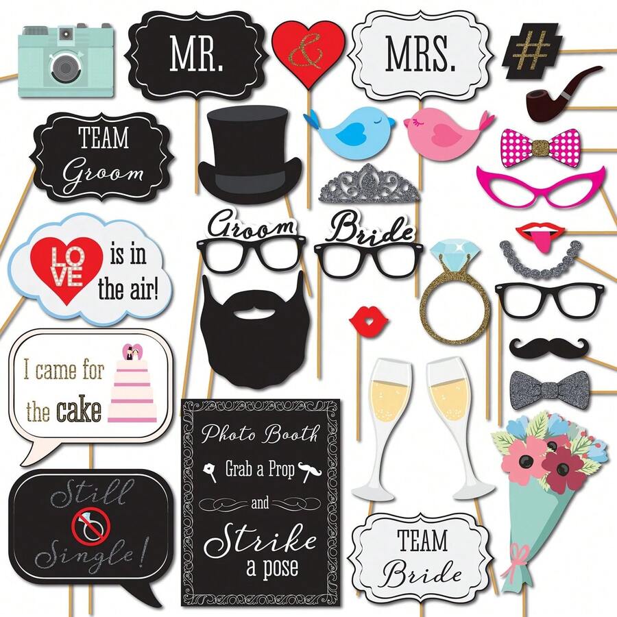 31pcs Wedding Photo Booth Props With Sticks, Fun Party Selfie Accessories Suitable For Bridal Shower, Bachelorette Party, Valentine's Day, Birthday Photo Decor - View 1