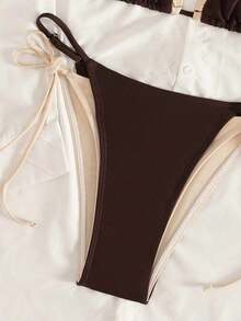Conjunto de bikini de 2 piezas de 2026 Sunshine Girl Series con influencer, triángulo con taza, halter elegante en tonos contrastantes, ajustable con tiras a los lados, cintura alta, ajuste ceñido para playa, vacaciones, en yate, en la piscina - Marrón - Ver 6