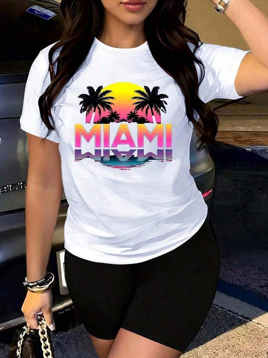 Women's Miami Vacation T-Shirt, Summer Edition With Sunset Palm Leaf Print, Comfortable Short Sleeves – An Ideal Gift For Travelers And Beach Lovers. - 黑色 - 查看 1