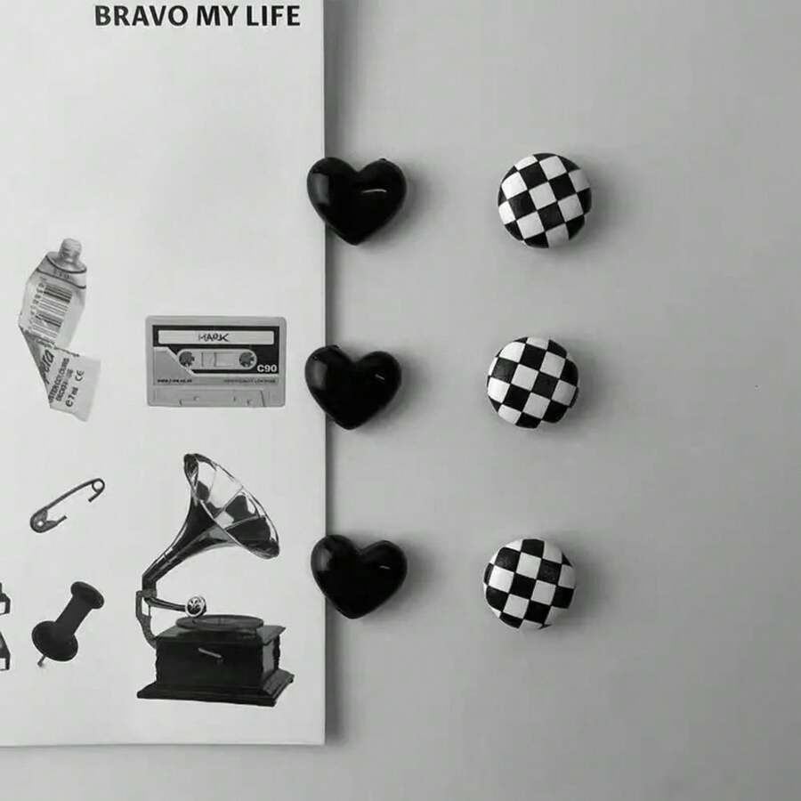 6pcs/12pcs Vintage Black & White Round And Heart Shaped Refrigerator Magnets, Creative Fridge Stickers, Suitable For Kitchen, Room And Office Decor, Cute Office Desk Accessories - Multicolor - View 1