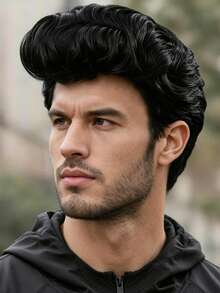 Wig Hitam Pria 8 Inci, Bahan Serat Sintetis Bebas Lem, Alami dan Mengembang, Serbaguna untuk Pesta, Natal, Festival Musik, Cosplay - Hitam - View 4
